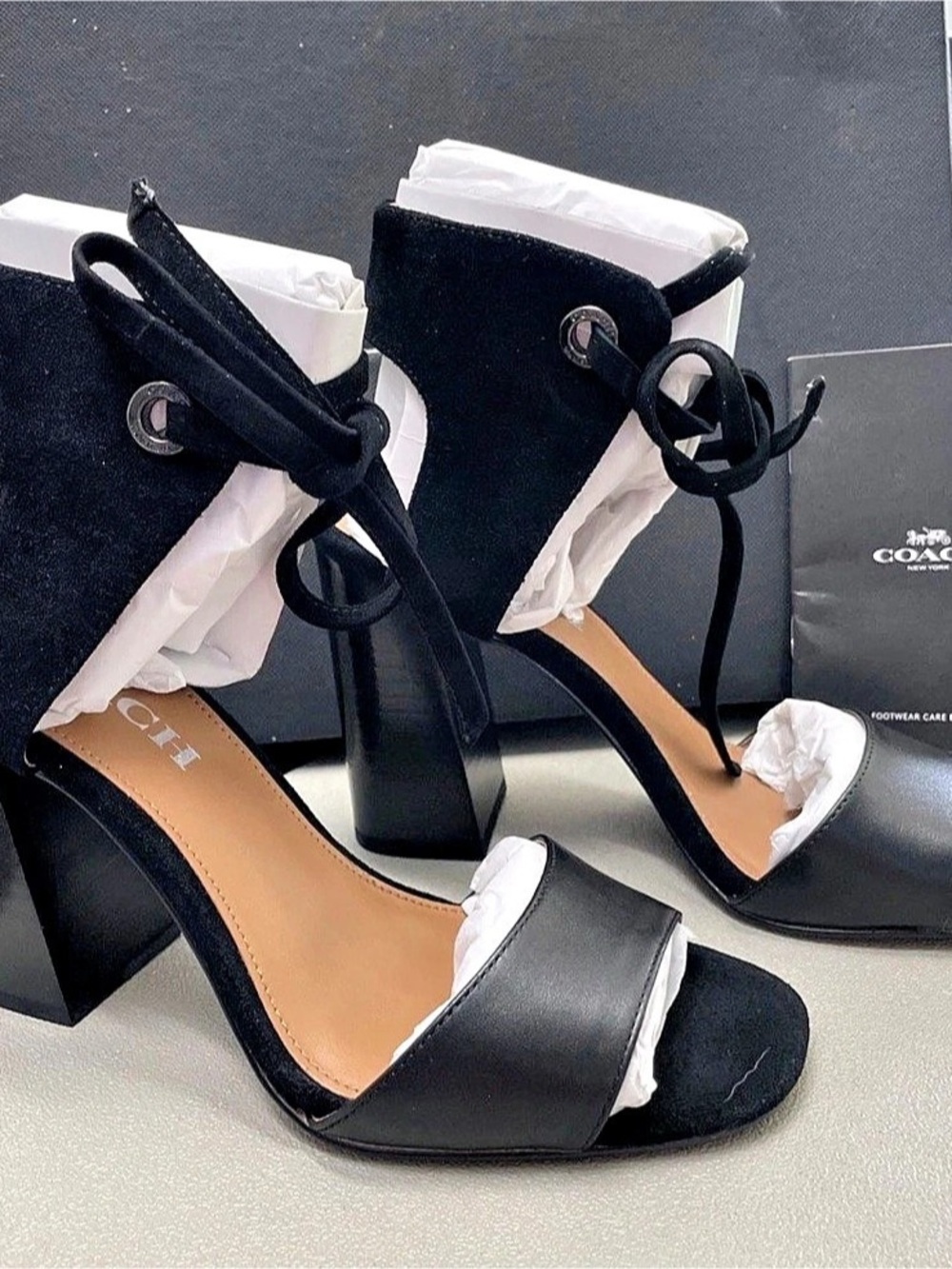 Coach Madison Black Ankle-Tie Block Heels US 6B New In Box